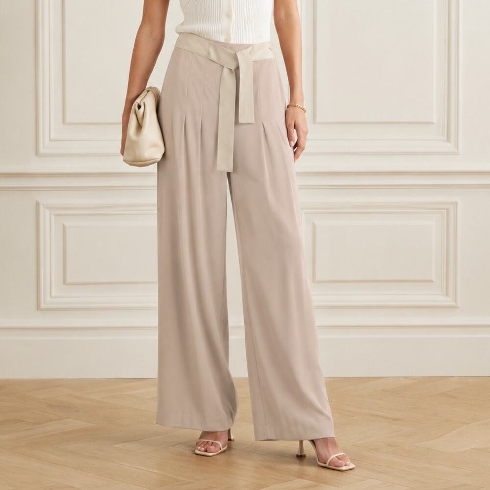 Elie Tahari Trousers Womens 2 Beige Taupe Mid-rise Wide Leg Tie Waist Dress Pant